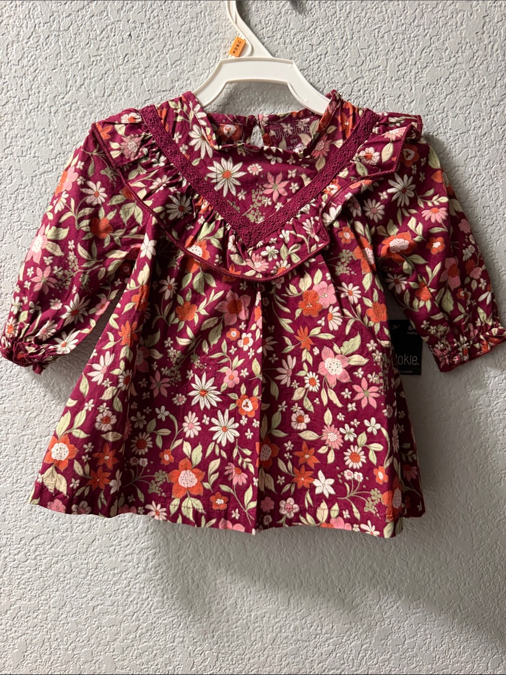 Girls Floral Ruffle Yoke Long-Sleeve Top - Burgundy